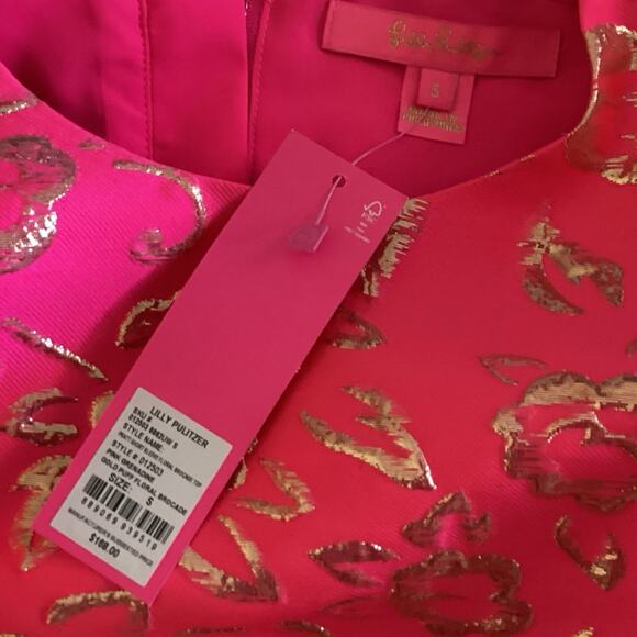 Lilly Pulitzer Pratt Top - S, Pink Gold Brocade, Puff Sleeve, Holiday Party NWT - Picture 5 of 10